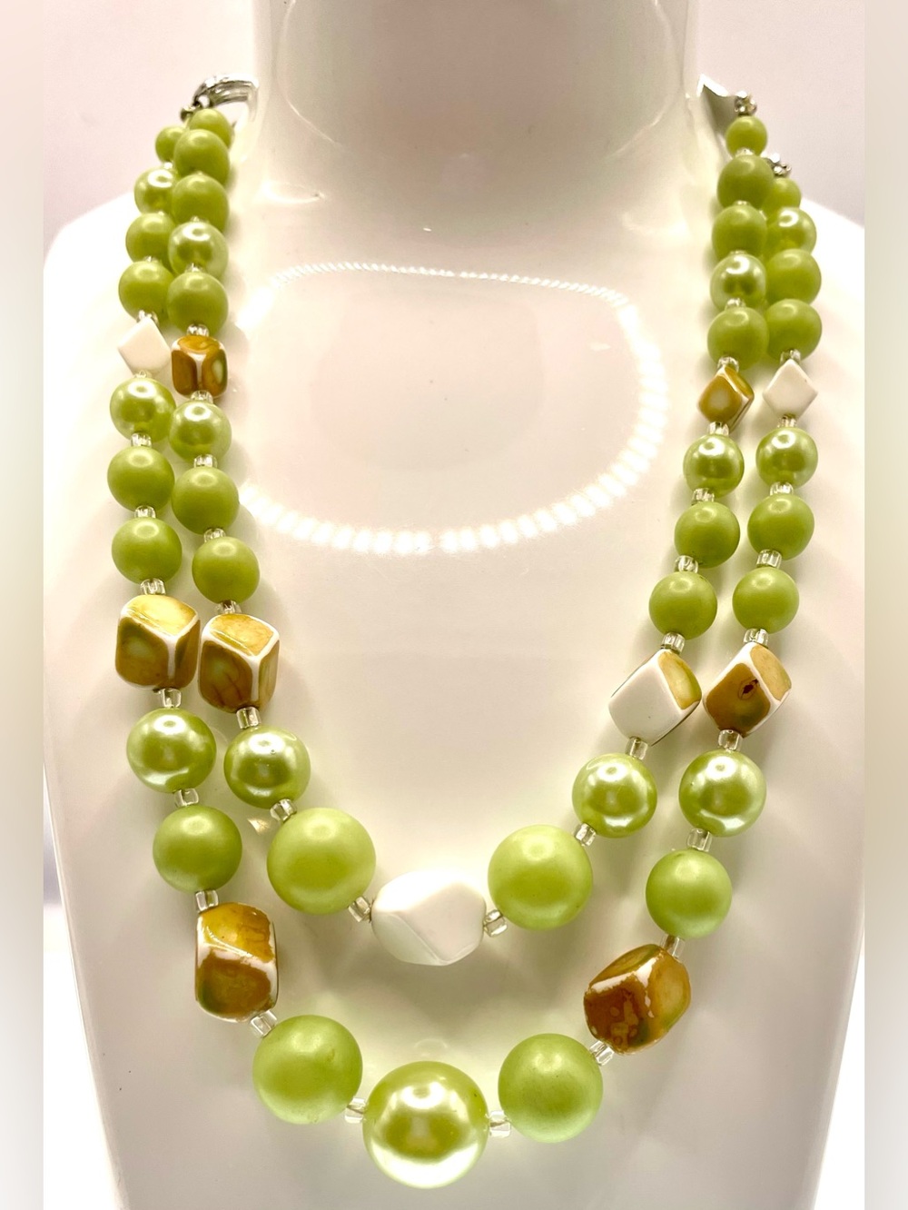 Vintage Signed Japan Double Strand Chartreuse Lucite & Faux Pearl Mid Century